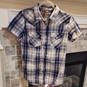 Wrangler Women's Blue and White Plaid Button Down Shirt